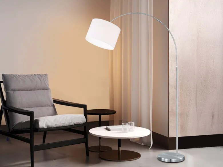 Große Bogenlampe höhenverstellbar von 150-215cm, Stoffschirm Weiß mit E27 LED