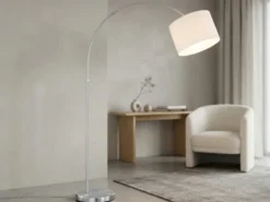 Große Bogenlampe höhenverstellbar von 150-215cm, Stoffschirm Weiß mit E27 LED