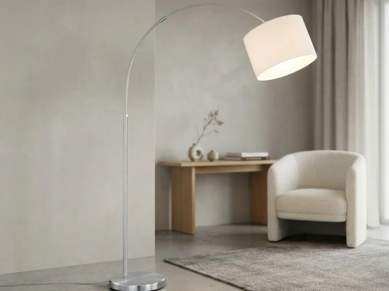 Große Bogenlampe höhenverstellbar von 150-215cm, Stoffschirm Weiß mit E27 LED