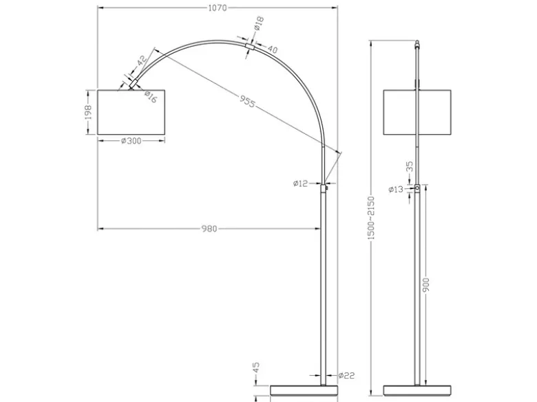 Große Bogenlampe höhenverstellbar von 150-215cm, Stoffschirm Weiß mit E27 LED