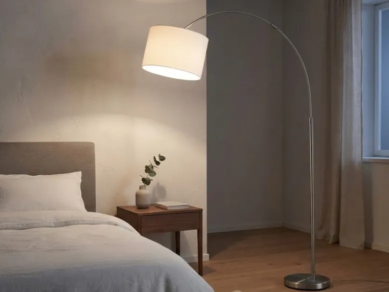 Große Bogenlampe höhenverstellbar von 150-215cm, Stoffschirm Weiß mit E27 LED