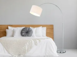 Große Bogenlampe höhenverstellbar von 150-215cm, Stoffschirm Weiß mit E27 LED