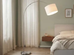 Große Bogenlampe höhenverstellbar von 150-215cm, Stoffschirm Weiß mit E27 LED
