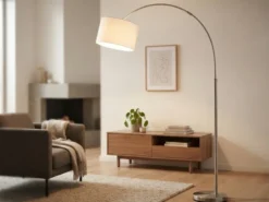 Große Bogenlampe HOTEL E27 Stoffschirm Weiß, höhenverstellbar von 150-215cm