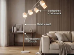Große Bogenlampe LUVA mit Holzfuß & Stoffschirmen aus Leinen, Höhe 200cm