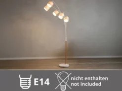 Große Bogenlampe LUVA mit Holzfuß & Stoffschirmen aus Leinen, Höhe 200cm