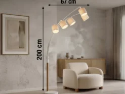 Große Bogenlampe LUVA mit Holzfuß & Stoffschirmen aus Leinen, Höhe 200cm