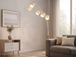 Große Bogenlampe LUVA mit Holzfuß & Stoffschirmen aus Leinen, Höhe 200cm