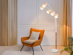 Große Bogenlampe LUVA mit Holzfuß & Stoffschirmen aus Leinen, Höhe 200cm