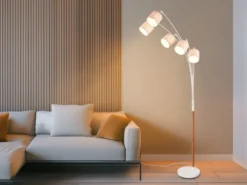 Große Bogenlampe LUVA mit Holzfuß & Stoffschirmen aus Leinen, Höhe 200cm