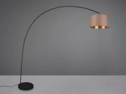 Große Bogenlampe MANSUR Metall Schwarz mit Stoff Lampenschirm Taupe, Höhe 210cm