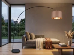 Große Bogenlampe MANSUR Metall Schwarz mit Stoff Lampenschirm Taupe, Höhe 210cm