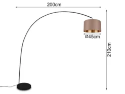 Große Bogenlampe MANSUR Metall Schwarz mit Stoff Lampenschirm Taupe, Höhe 210cm