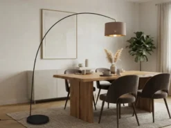 Große Bogenlampe MANSUR Metall Schwarz mit Stoff Lampenschirm Taupe, Höhe 210cm