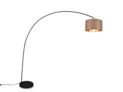 Große Bogenlampe MANSUR Metall Schwarz mit Stoff Lampenschirm Taupe, Höhe 210cm