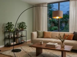 Große Bogenlampe MANSUR Metall Schwarz mit Stoff Lampenschirm Taupe, Höhe 210cm