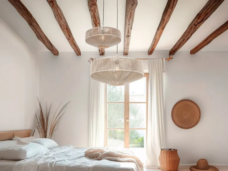 Große Boho LED Pendelleuchte Lampenschirm Baumwolle Beige, Ø 61cm