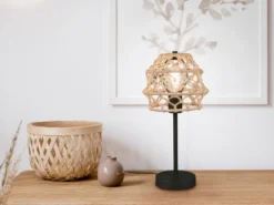 Große Boho LED Tischleuchte Lampenschirm geflochten aus Hanfseil, Höhe 42cm