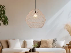 Große Boho Pendelleuchte HIVE mit Lampenschirm geflochten Hanfseil, Ø 60cm
