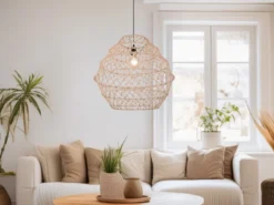 Große Boho Pendelleuchte HIVE mit Lampenschirm geflochten Hanfseil, Ø 60cm