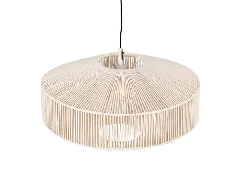 Große Boho Pendelleuchte SVEA Lampenschirm aus Baumwolle Beige, Ø 61cm