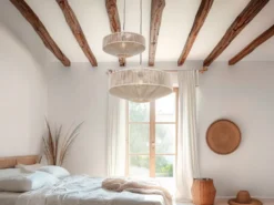 Große Boho Pendelleuchte SVEA Lampenschirm aus Baumwolle Beige, Ø 61cm