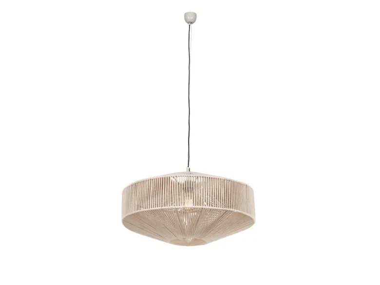 Große Boho Pendelleuchte SVEA Lampenschirm aus Baumwolle Beige, Ø 61cm
