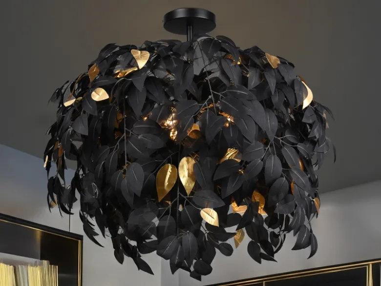 Große Deckenleuchte LEAVY mit Blätter Lampenschirm Schwarz Gold, Ø 70cm