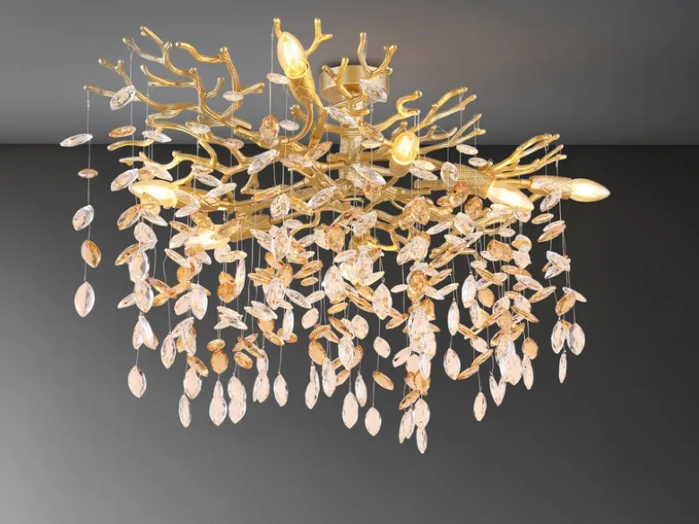 Große Deckenleuchte QUEENA Gold 7-flammig Glas Kristall 2-farbig, Breite 85cm