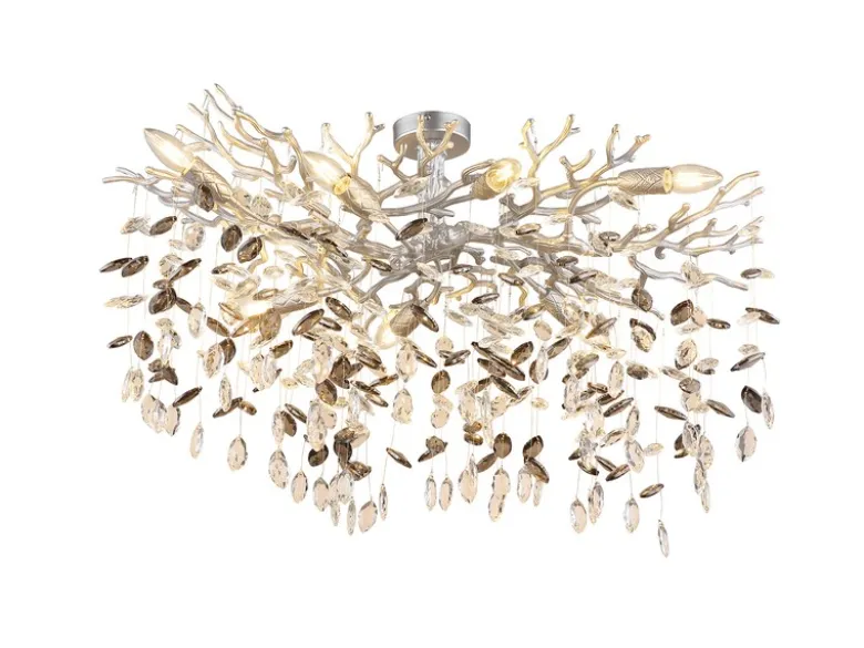 Große Deckenleuchte QUEENA Silber 7-flammig Glas Kristall 2-farbig, Breite 85cm