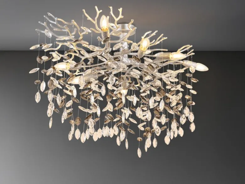 Große Deckenleuchte QUEENA Silber 7-flammig Glas Kristall 2-farbig, Breite 85cm