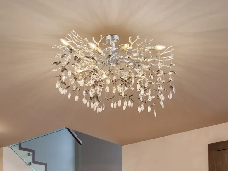 Große Deckenleuchte QUEENA Silber 7-flammig Glas Kristall 2-farbig, Breite 85cm