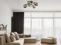 Große Deckenleuchte RIHA Anthrazit 6-flammig mit bunten Glaskugeln, Ø 65cm