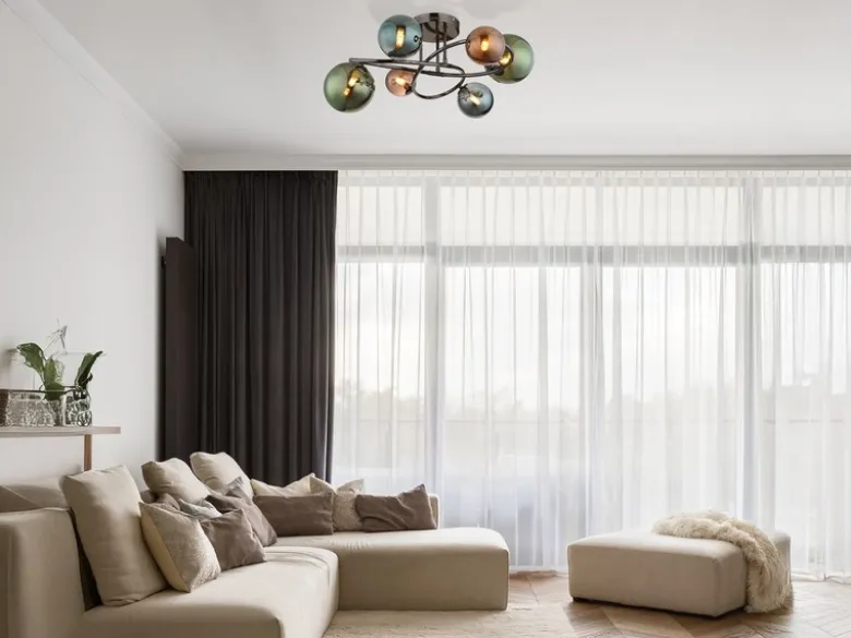 Große Deckenleuchte RIHA Anthrazit 6-flammig mit bunten Glaskugeln, Ø 65cm