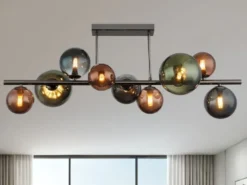 Große Deckenleuchte RIHA Anthrazit 9-flammig mit bunten Glaskugeln, Breite 87cm