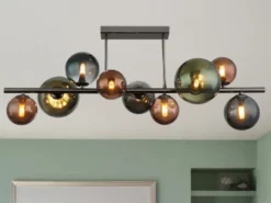Große Deckenleuchte RIHA Anthrazit 9-flammig mit bunten Glaskugeln, Breite 87cm