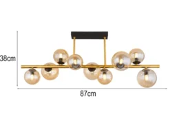 Große Deckenleuchte RIHA Messing-Schwarz 9-flammig Glaskugeln Bernstein, B: 87cm