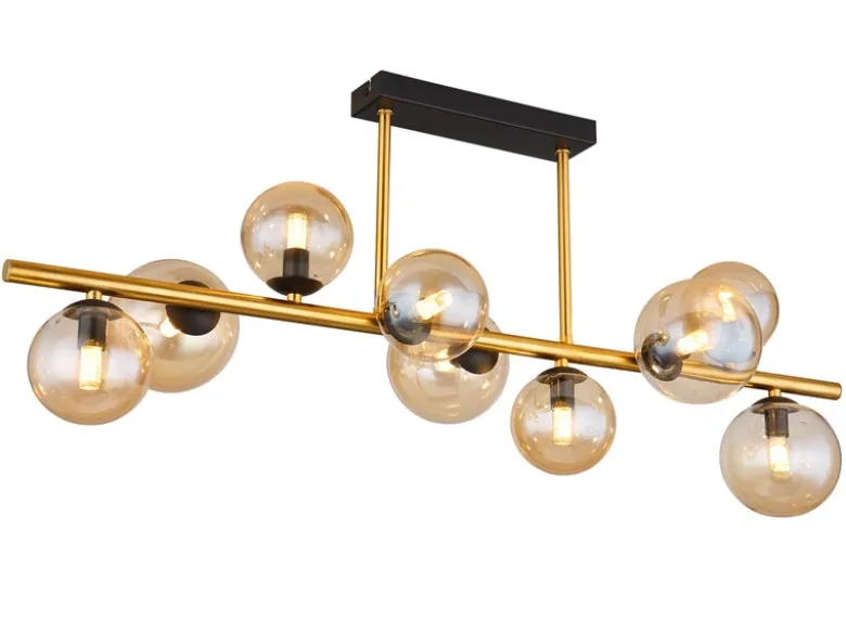 Große Deckenleuchte RIHA Messing-Schwarz 9-flammig Glaskugeln Bernstein, B: 87cm