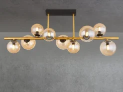 Große Deckenleuchte RIHA Messing-Schwarz 9-flammig Glaskugeln Bernstein, B: 87cm