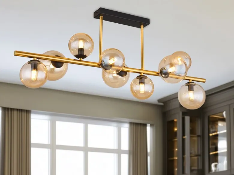 Große Deckenleuchte RIHA Messing-Schwarz 9-flammig Glaskugeln Bernstein, B: 87cm