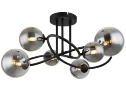 Große Deckenleuchte RIHA Schwarz 6-flammig mit Glaskugeln Rauchglas, Ø 65cm