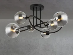 Große Deckenleuchte RIHA Schwarz 6-flammig mit Glaskugeln Rauchglas, Ø 65cm