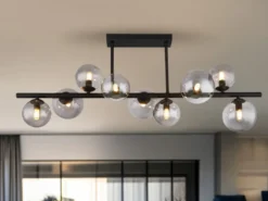 Große Deckenleuchte RIHA Schwarz 9-flammig mit Glaskugeln Rauchglas, B: 87cm