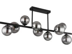 Große Deckenleuchte RIHA Schwarz 9-flammig mit Glaskugeln Rauchglas, B: 87cm