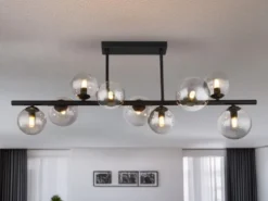 Große Deckenleuchte RIHA Schwarz 9-flammig mit Glaskugeln Rauchglas, B: 87cm