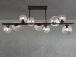 Große Deckenleuchte RIHA Schwarz 9-flammig mit Glaskugeln Rauchglas, B: 87cm