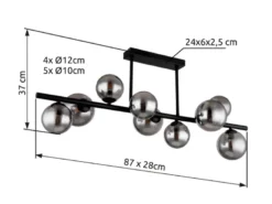 Große Deckenleuchte RIHA Schwarz 9-flammig mit Glaskugeln Rauchglas, B: 87cm