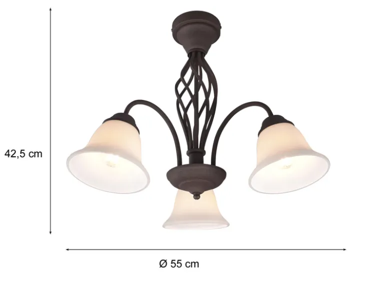 Große Deckenleuchte RUSTICA 3-flammig in Rostoptik mit Glasschirmen, Ø 55cm