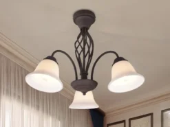 Große Deckenleuchte RUSTICA 3-flammig in Rostoptik mit Glasschirmen, Ø 55cm