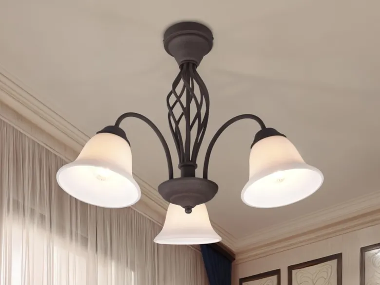 Große Deckenleuchte RUSTICA 3-flammig in Rostoptik mit Glasschirmen, Ø 55cm